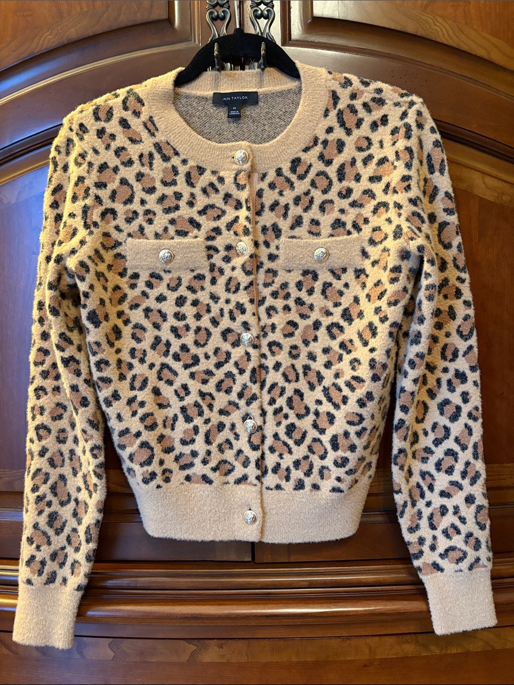 Ann Taylor Tan and Black Leopard-Print Crewneck Jacket-Style Cardigan, XS